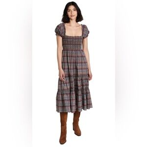 Elegant Plaid Midi Dress with Smocked Bodice